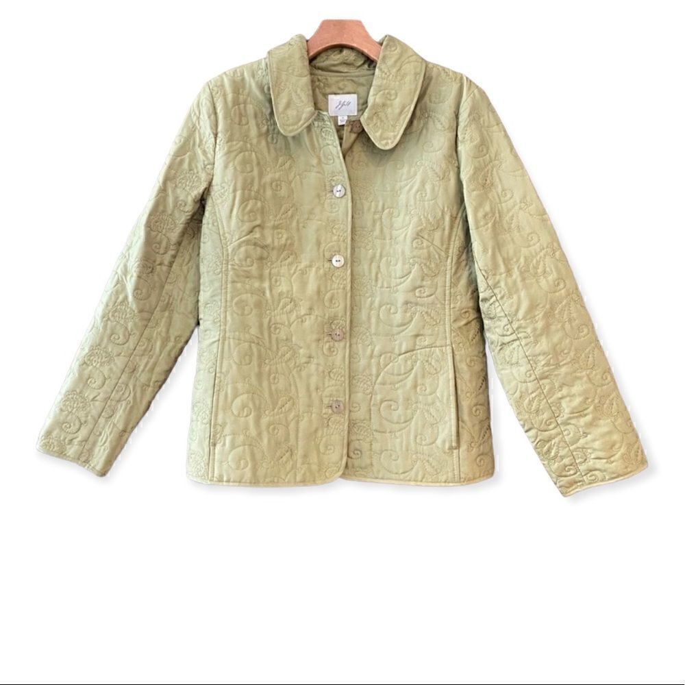 J. Jill Sz S Sage Green 100% Silk Quilted Collar Button Workwear Jacket